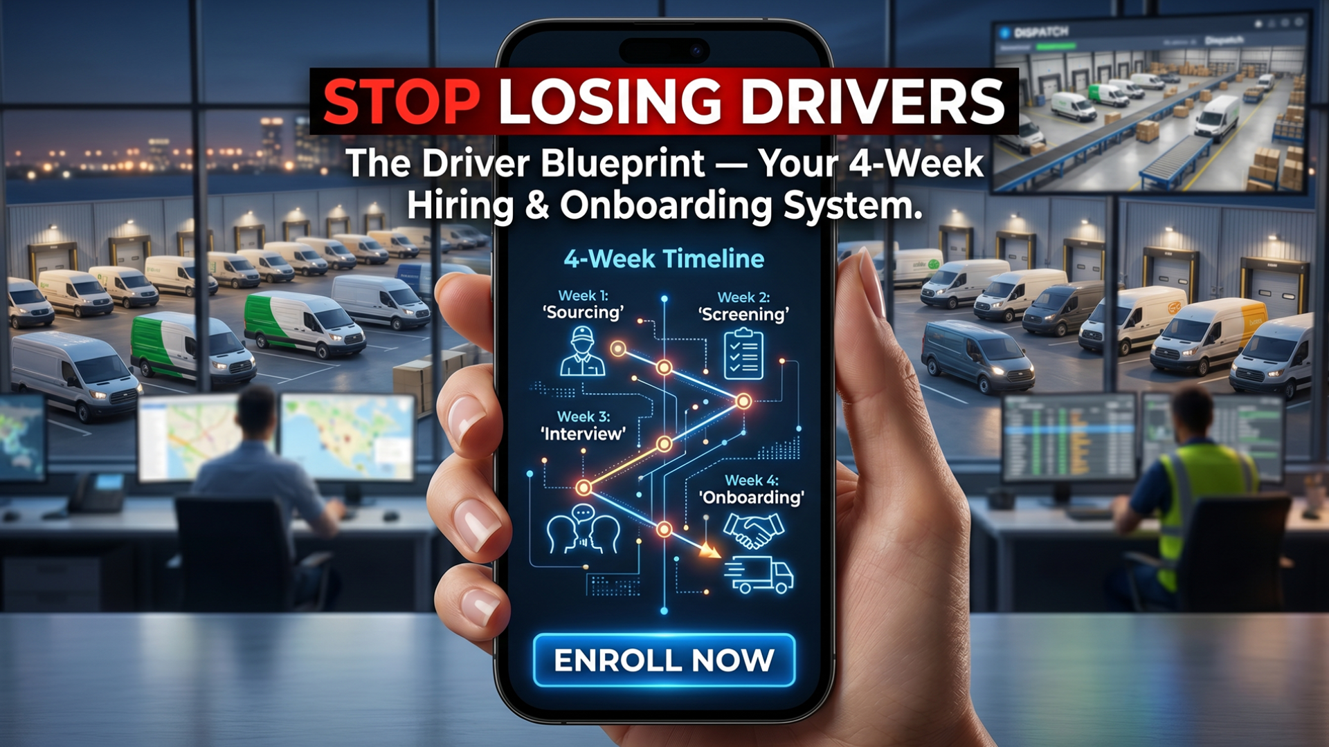 The Driver Blueprint course graphic — Stop Losing Drivers, a 4-week hiring and onboarding system for 1099 drivers showing sourcing, screening, interview, and onboarding steps