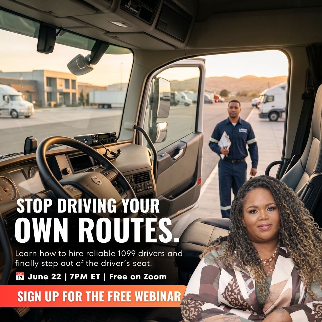 Woman in a truck cab promoting a free live training on hiring reliable 1099 drivers, June 22 at 7PM ET