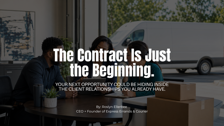 Black woman courier company CEO reviewing delivery performance and account-growth opportunities with a client and team member beside a white cargo van.