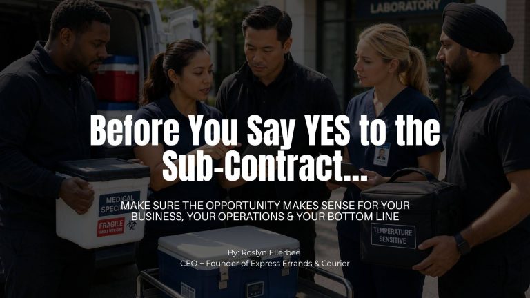 Black woman medical courier business owner reviewing a subcontracting route and pricing documents with a business partner beside a white cargo van and insulated medical cooler.