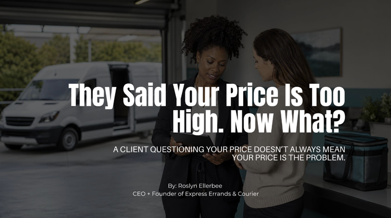 Diverse courier business owner and prospective client reviewing delivery pricing beside a white cargo van.