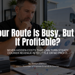 Black woman courier business owner reviewing route costs and a delivery map in her office with a white cargo van outside.