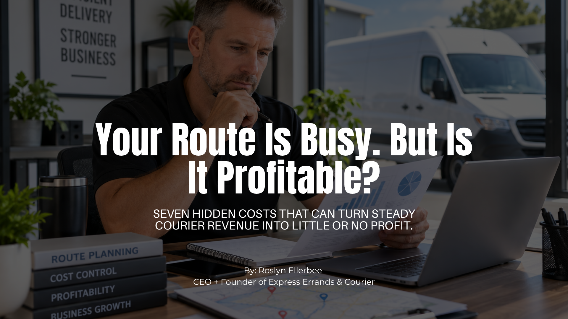 Black woman courier business owner reviewing route costs and a delivery map in her office with a white cargo van outside.
