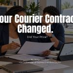 Black woman courier business owner reviewing route documents with a dispatch team member while an unbranded white Sprinter cargo van waits outside.