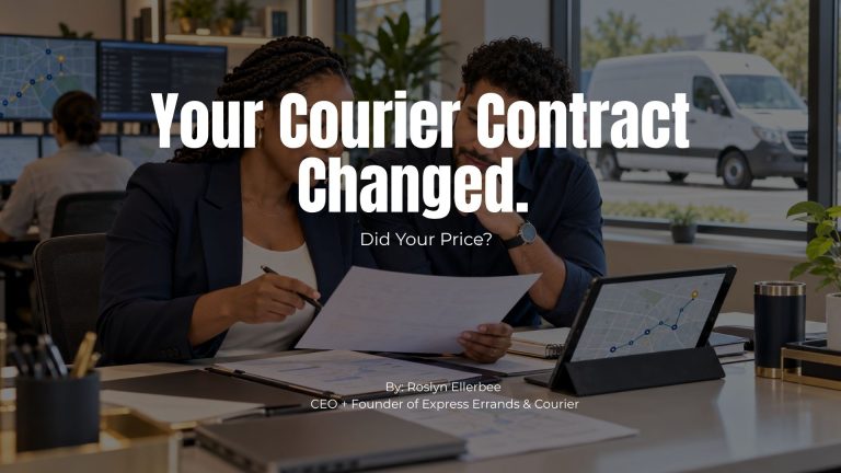 Black woman courier business owner reviewing route documents with a dispatch team member while an unbranded white Sprinter cargo van waits outside.