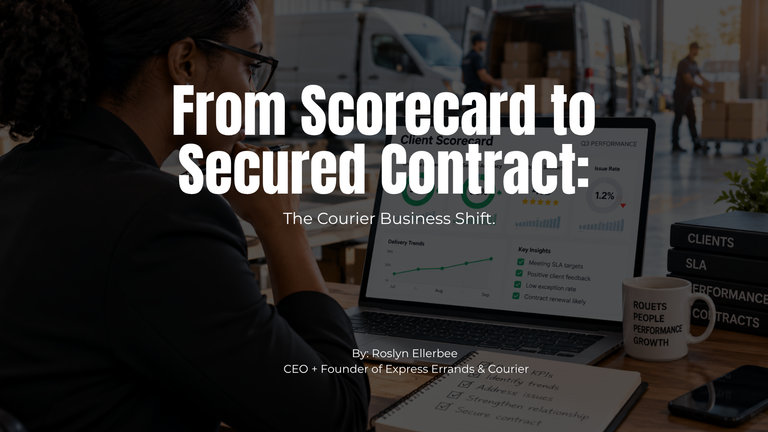 Black courier business owner reviewing delivery performance scorecards with her dispatch team while a cargo van and box truck wait outside.